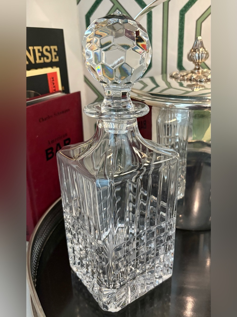 Tiffany & Co. Plaid Cut Crystal Decanter w/ Faceted Stopper Made in Italy GREAT